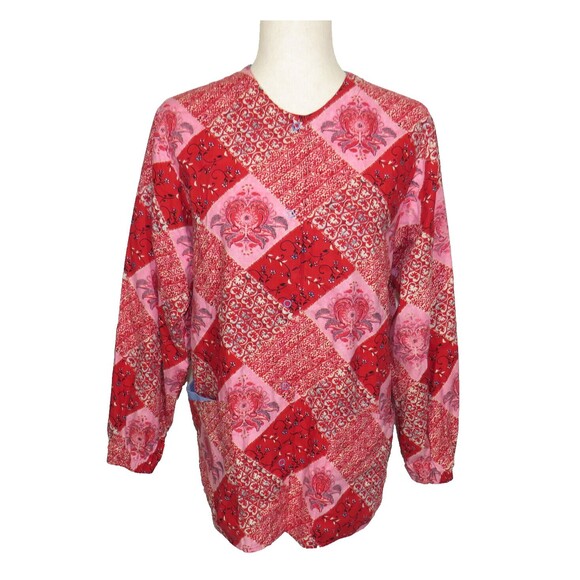 Dickies Red Pink Heart Floral Long Sleeve Snap Front Cotton Scrub Top Size XS - Picture 1 of 6